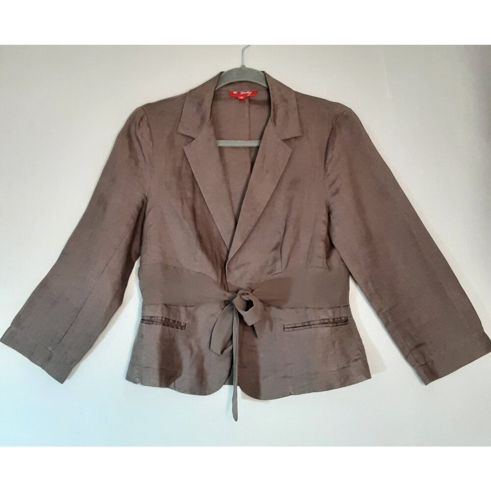 💎Rene Derhy Cropped Womens Jacket Medium Front Tie Linen Rhamie Silk Army Green